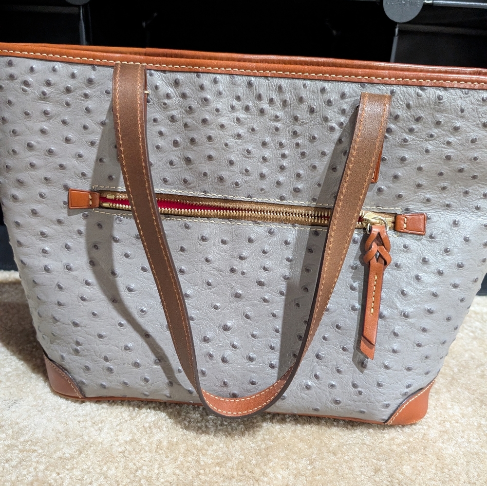 Dooney & Bourke Ostrich Leather Gray and Brown Tote - Picture 12 of 17